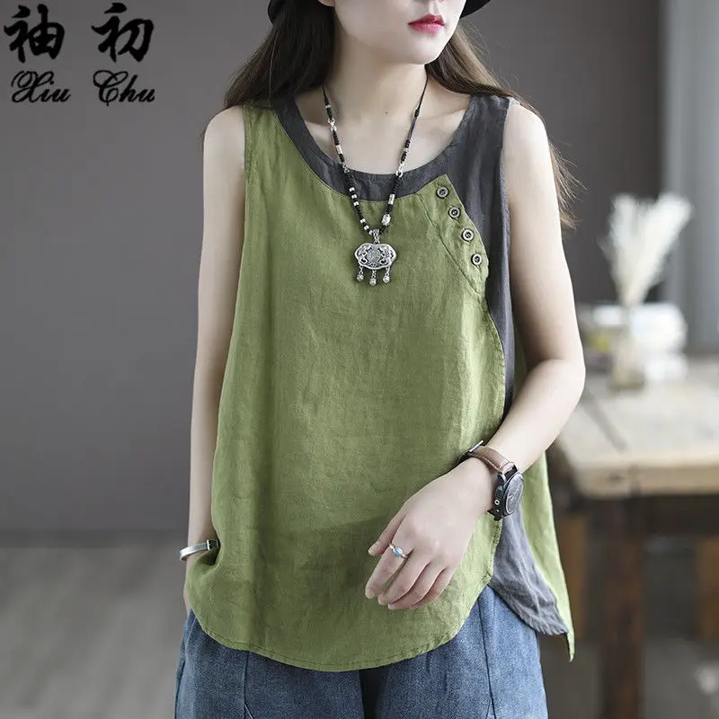 

2021 New Arrival Summer Arts Style Women Loose Casual Button Sleeveless O-neck Tank Asymmetry Cotton Linen Patchwork Tops P27