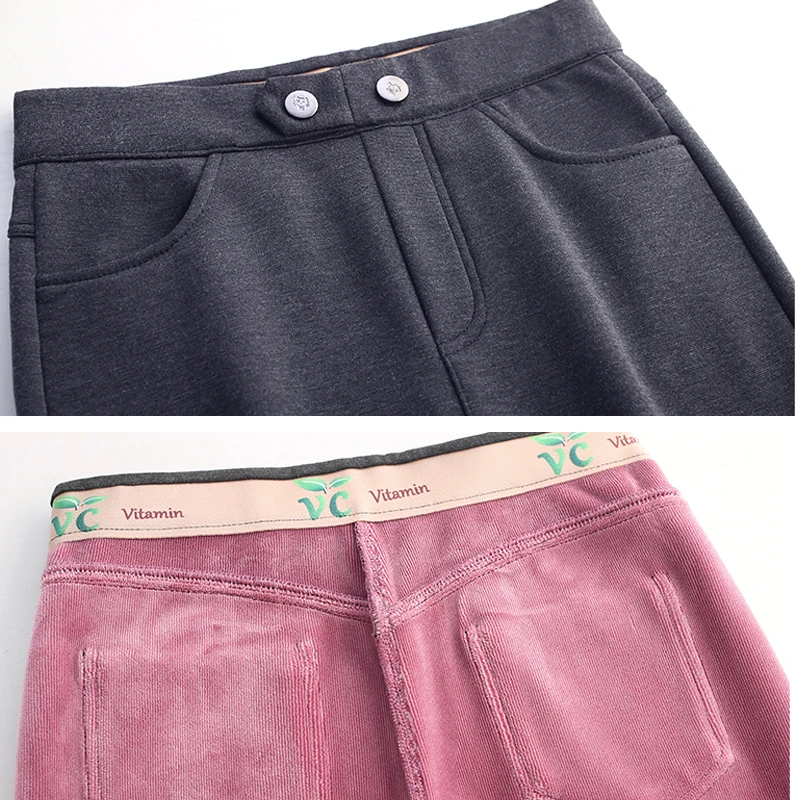 

OUMENGKA 2020 Plus Size Button Women High Waist Black Pants Women Winter Warm Thick Celvet Elastic Skinny Stretchy Trousers 4XL