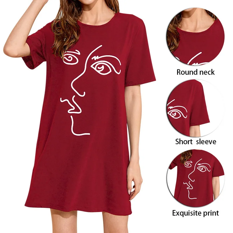 

2021 New Night Dress Soft Women Sexy Sleepwear Dress Cotton Solid Color Round Neck Short Sleeve Nightwear Lingerie Home Clothing