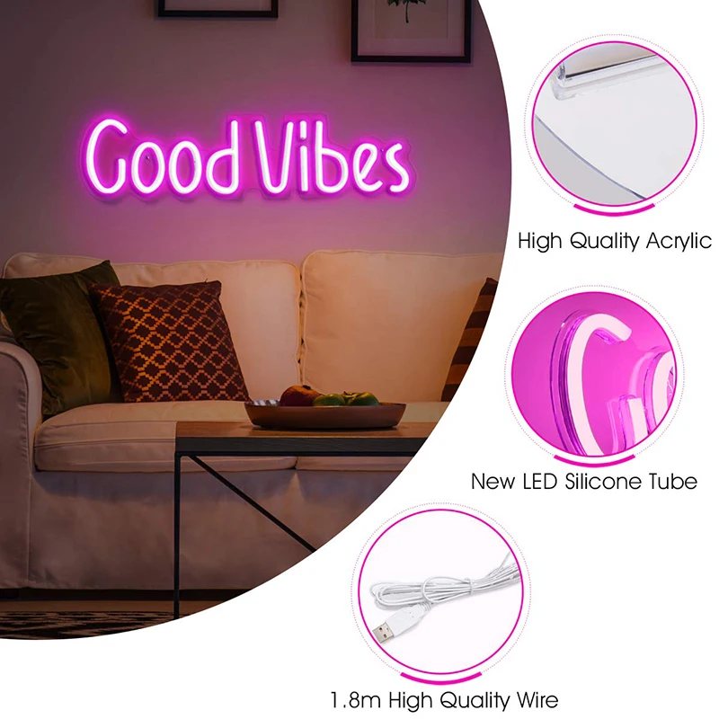 Неоновые вывески Good Vibes светодиодные неоновые с акриловой доской Goodvibes надписью