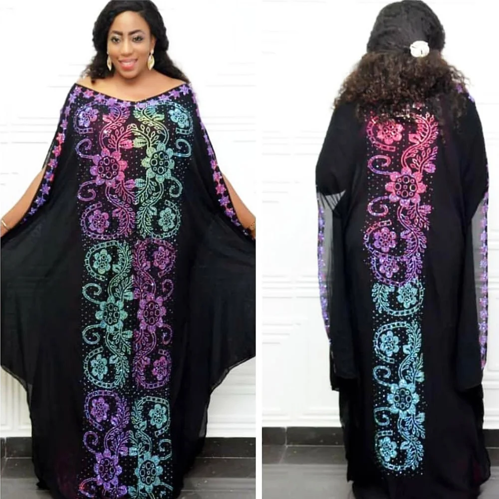 

Женское платье с рукавами «летучая мышь», длинное черное платье-макси из шифона с V-образным вырезом и бриллиантами в африканском стиле, 2020