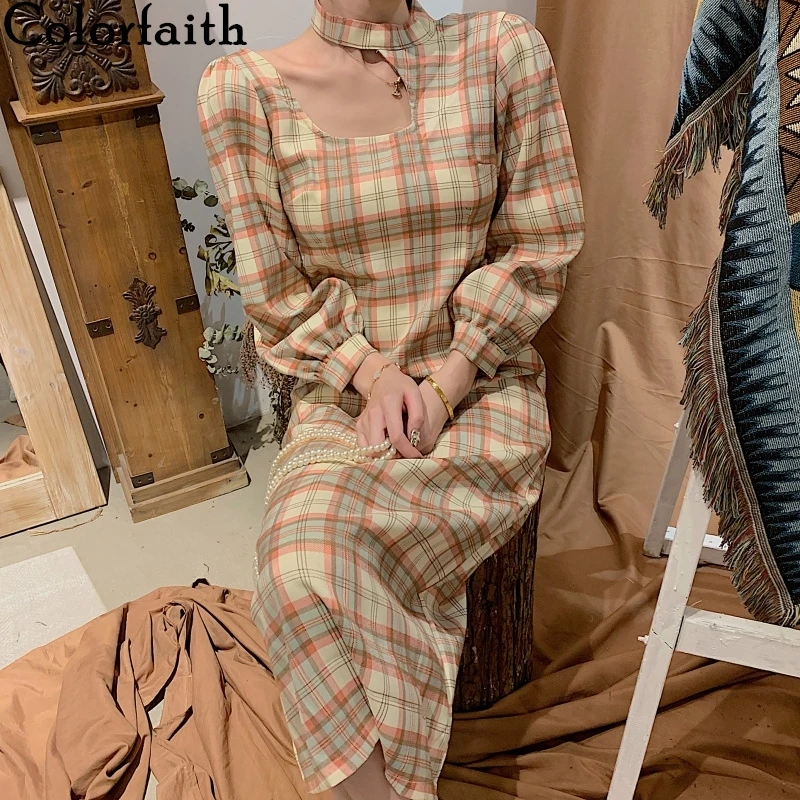 Женское платье в клетку Colorfaith осенне зимнее элегантное клетчатое во французском