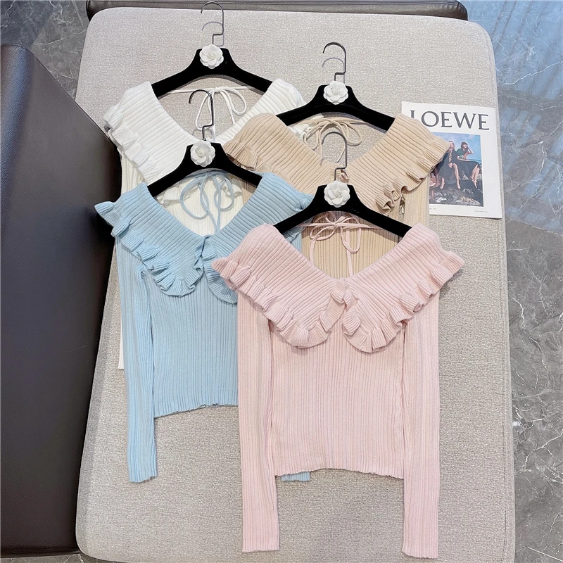 

Женский трикотажный эластичный свитер, элегантный милый привлекательный облегающий свитер с V-образным вырезом и оборками на шнуровке, Осе...