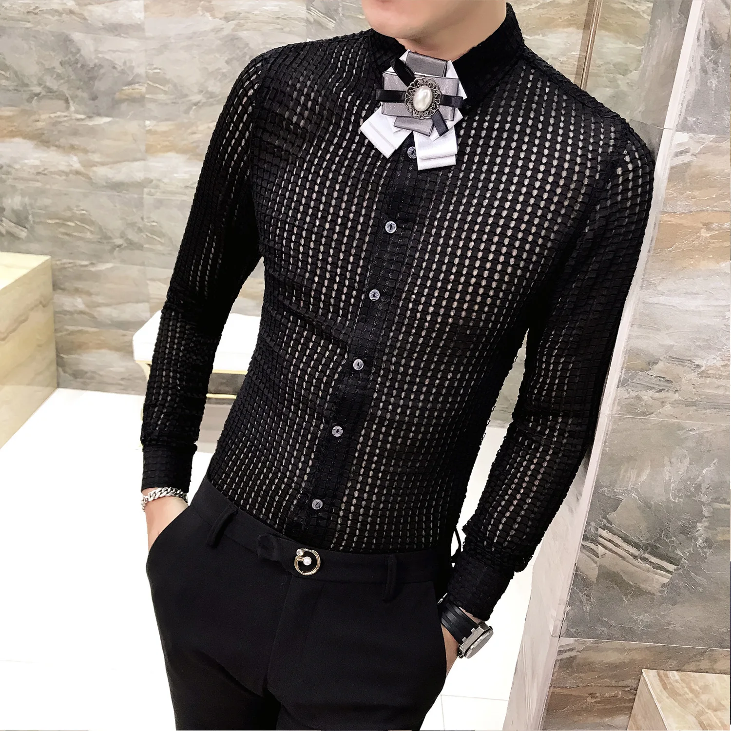 Платье рубашка Для мужчин See Through модная дизайнерская Повседневная Slim Fit с длинным