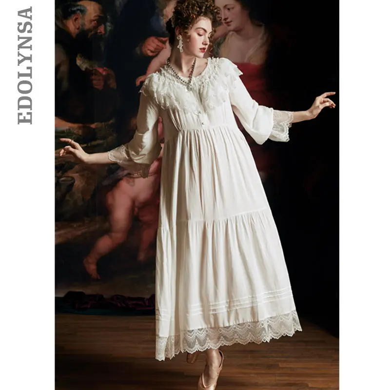 Осенняя одежда для сна винтажная белая хлопковая ночная рубашка размера плюс