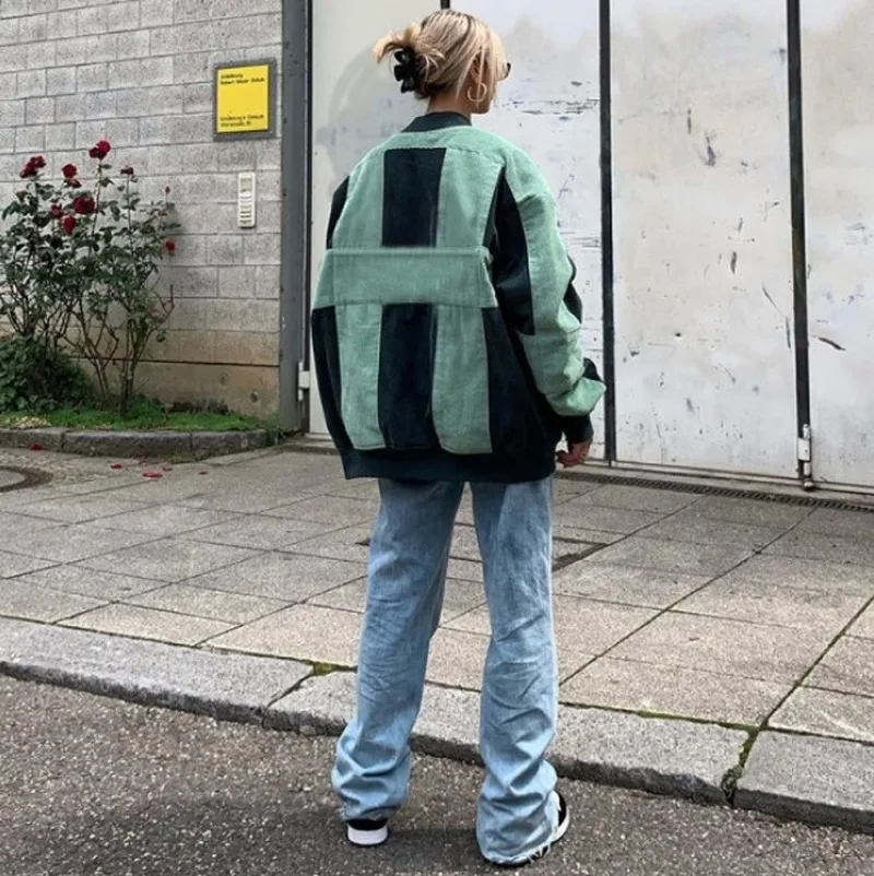 

Contrast Green Vintage Brand Oversized Woman Jacket Coat Zip Up Bat Sleeved Loose Casual High Fashion Street Outerwear