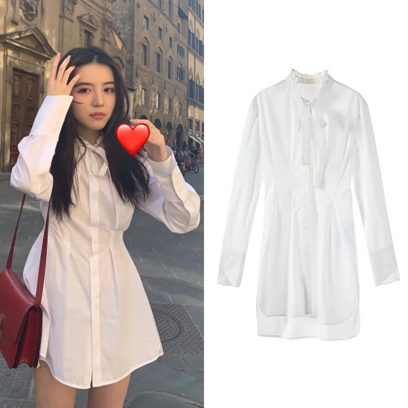 Новинка однобортная агарическая рубашка с тонкой талией и длинным рукавом белая