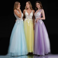 long sheer floral prom dress applique tulle ball gown v neck floral dress any color tulle bridesmaid dress long evening dresses