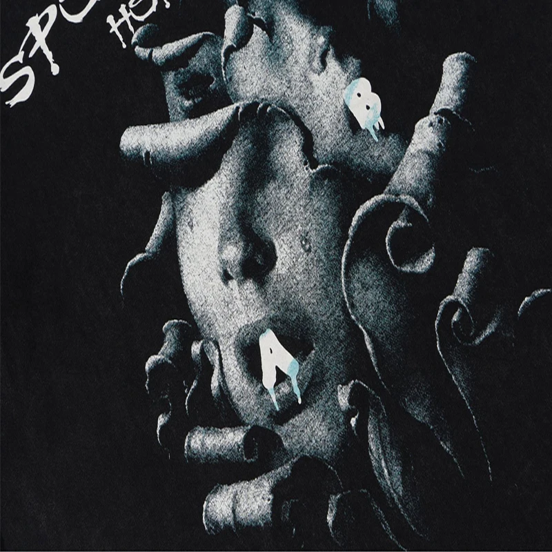 

ELKMU Hip Hop Streetwear T-shirt Terror Print Men Summer Short Sleeve Tshirts Fashion Casual Tops Tees Black Shirts Cotton HE793