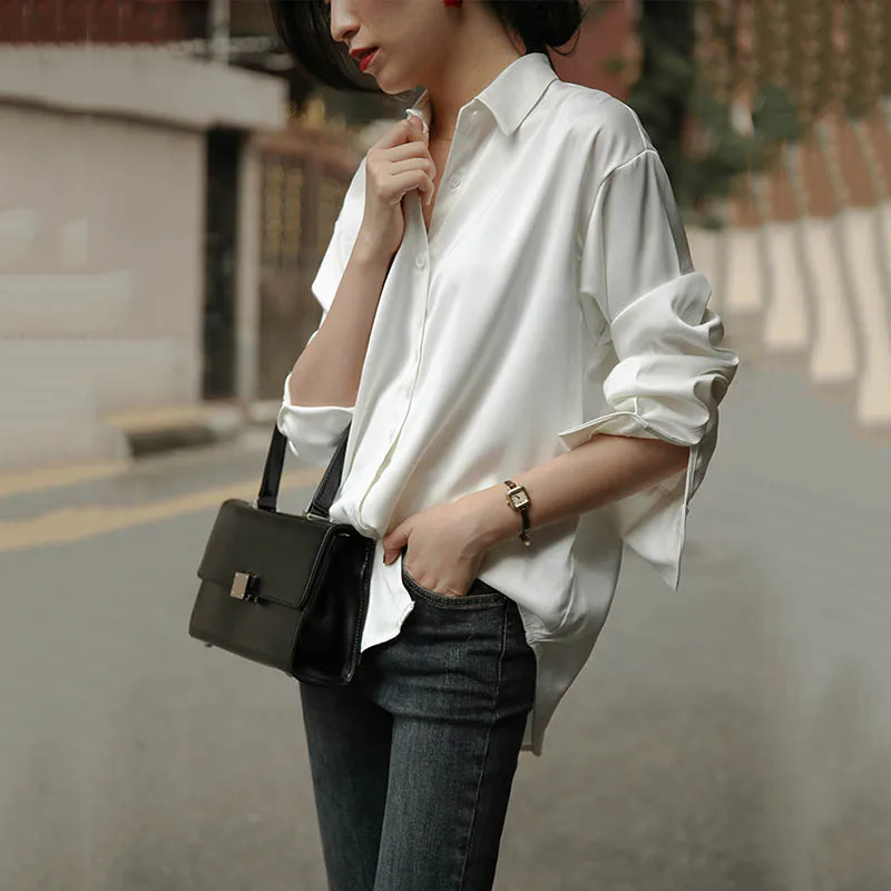 Satin shirt female 2019 early autumn new Korean version of the retro Hong Kong flavor |