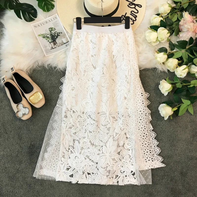 Летняя Модная вязаная кружевная длинная юбка высокого качества обрезанная