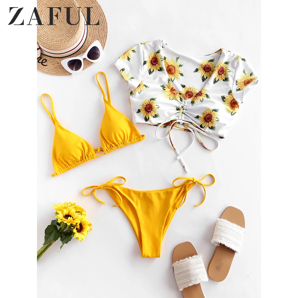 Женский купальник-бикини ZAFUL расшитый подсолнухом с цветочным принтом завязками