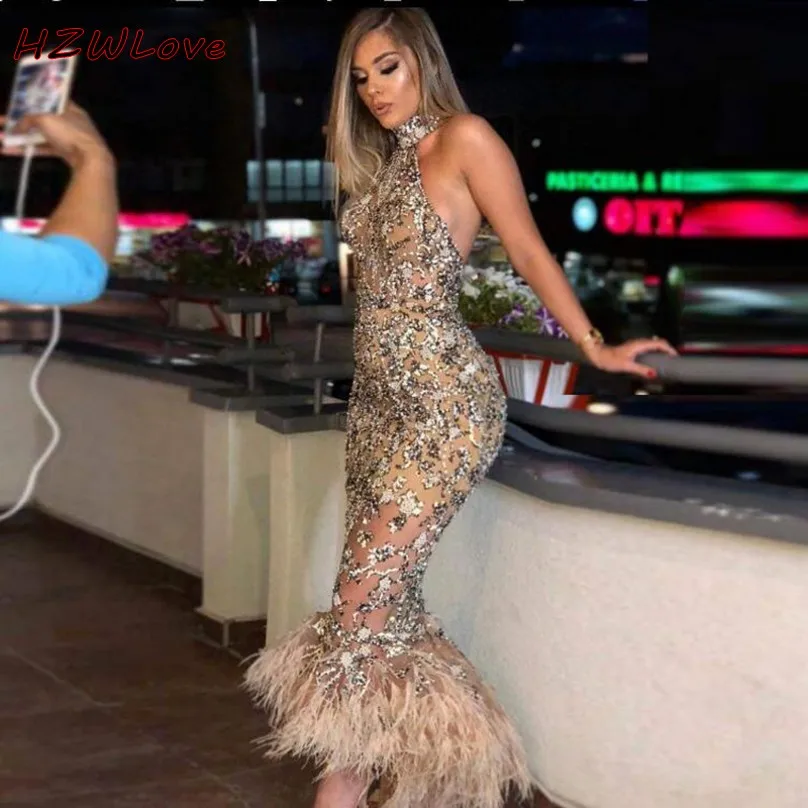 

Shiny Halter Backless Prom Dresses Sequined Appliques Feathers robe de soiree High Low Mermaid Evening Dress Sexy Custom Made