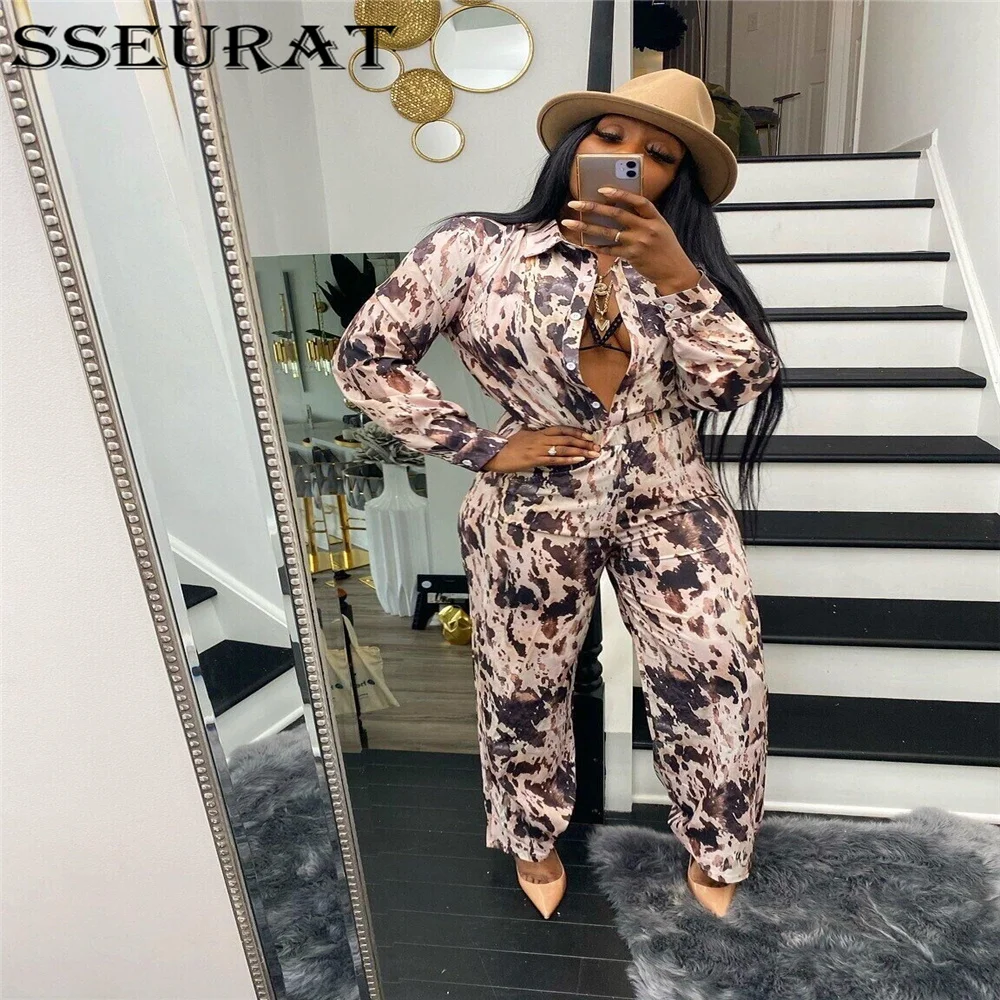 

SSEURAT Women Set Long Sleeve Printed Shirt Straight Pants Two 2 Piece Sets Fashion Casual Outfits Autumn
