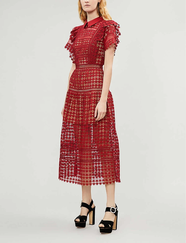 Red Christmas Dress 2020 New Year Party Women Cute Peter Pan Collar Hollow Out Ruffles SHort Sleeve Heart Lace Long | Женская одежда