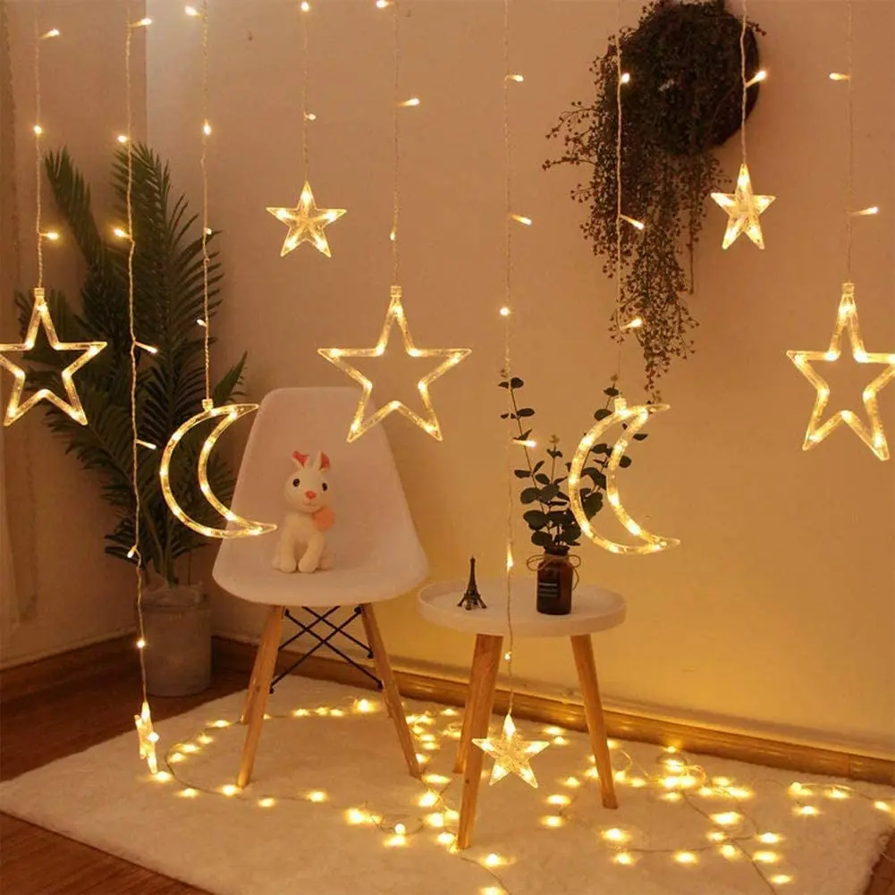 

8 Modes Remote Control LED Star Moon Curtain Lights 3.5M Stars Moon Garland Fairy Light USB / Battery Christmas Garlands Decor