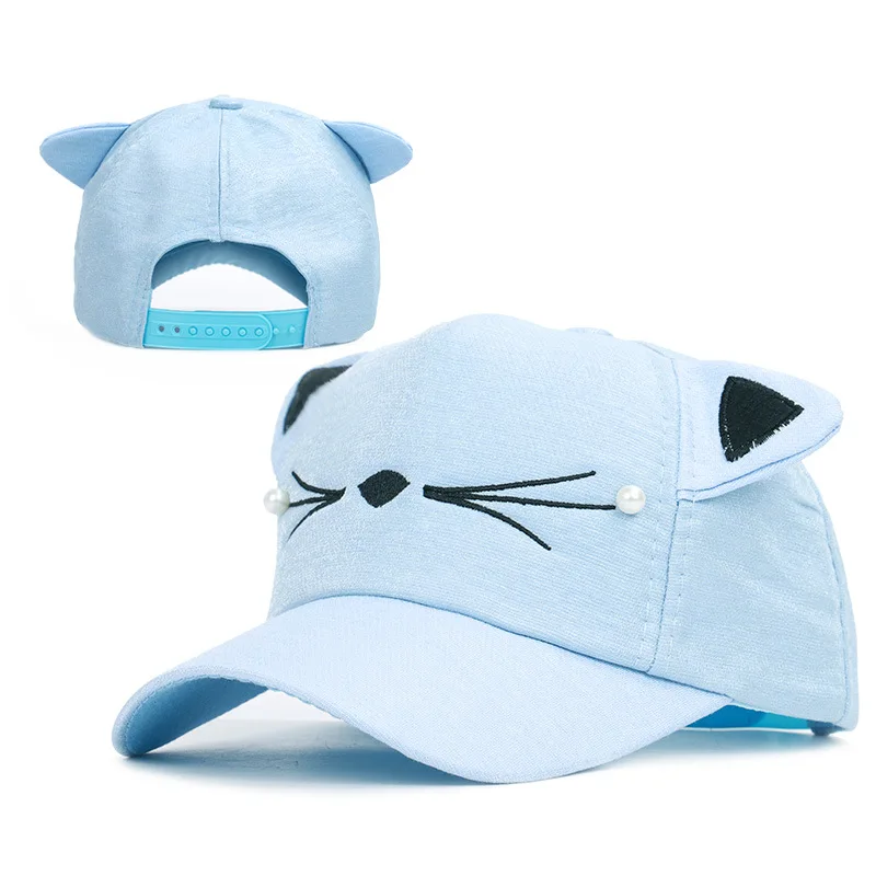 

new spring and summer baseball cap girl cat beard pearl hat ear children's outdoor sunshade cap