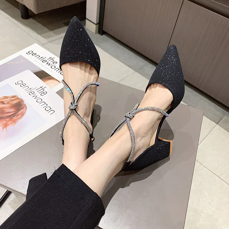 

Retro Woman Shoes Pointed Heel Sandals Buckle Strap 2021 Summer Suit Female Beige Original Block New Comfort High Clear Closed F