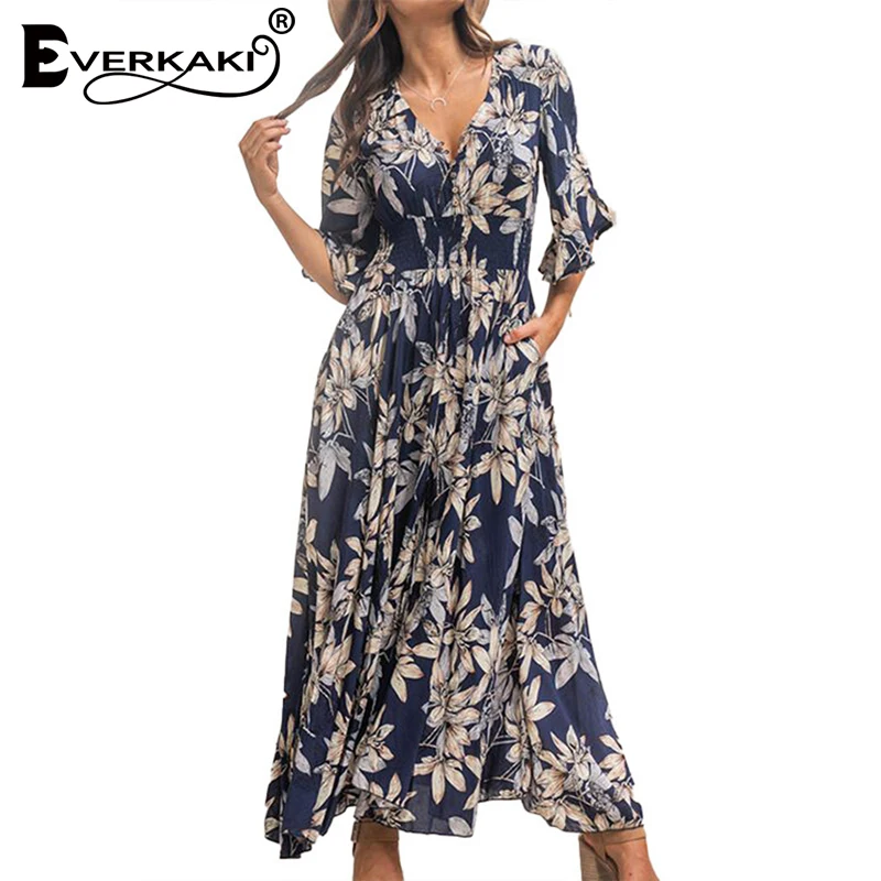 

Everkaki Chiffon Flower Print Maxi Dresses Women Summer Beach Elastic Waist Tunic Party Elegant Chic Boho Long Dress Female 2021
