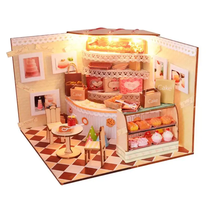 

DIY doll house wooden hand assembled house cake shop model with lamp home furnishings for lovers' birthday creative gift