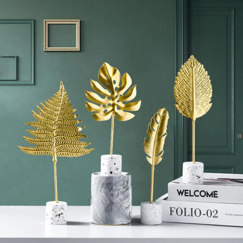 

Golden Leaves Ornament Home Decor Metal Sculpture Home Decoration Accessories Figurines Arts Crafts Modern Wedding Decorations