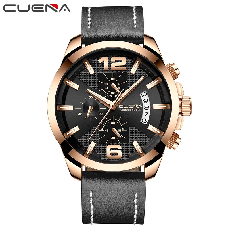 Black-Rose Gold CUENA мужские часы кварцевые часы Секундомер светящиеся стрелки из натуральной кожи ремешок наручные мужские часы Reloj Hombre - Цвет: Black-Rose Gold