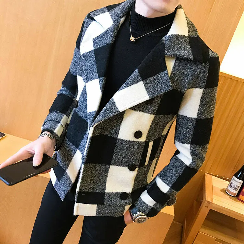 

Men's Winter Woolen Double-breasted Slim Fit Plaid Thickening Lapel Trench Coat