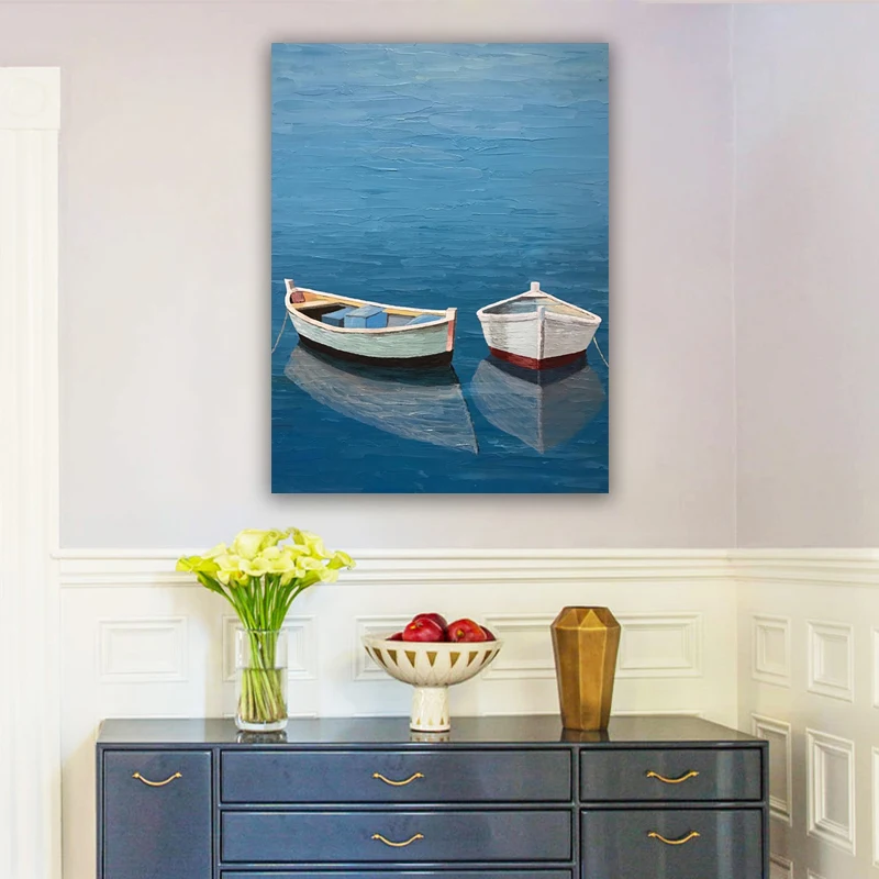 

Wall Art Canvas Painting Modern Landscape Poster Print A Small Boat On Calm Water Picture Home Living Room Decoration