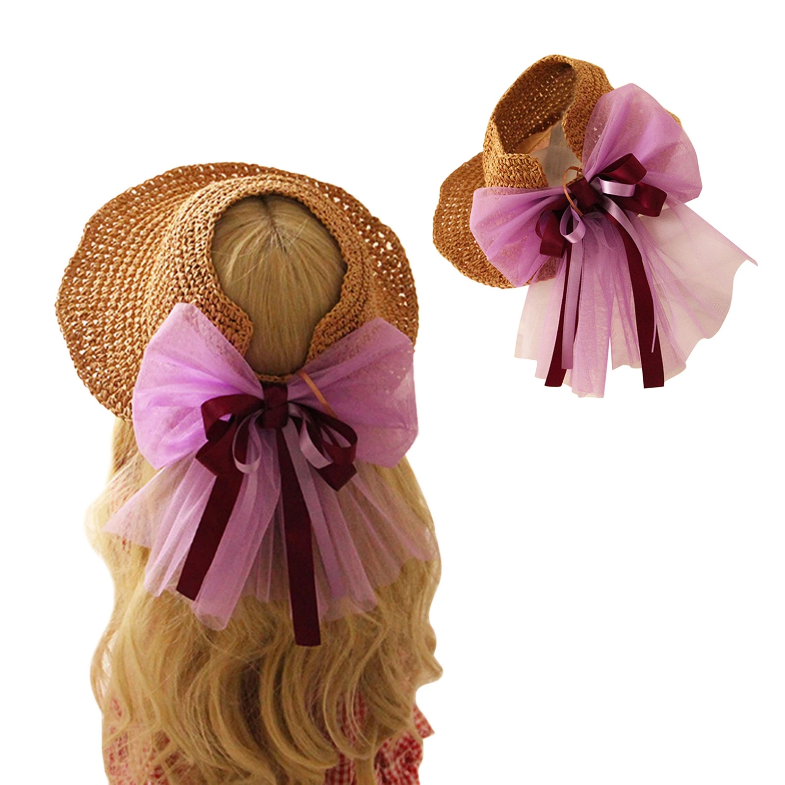 

Summer Sun Hats Fashion Girl Straw Hat Ribbon Bow Beach Hat Casual Straw Flat Top Panama Hat