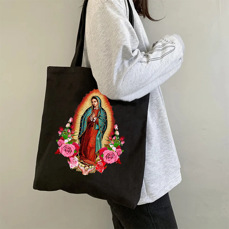 Women Shoulder Bags Korean Virgin Mary Of Guadalupe Vintage Canvas Tote Shopping Bag With Zipper Large Brand Ladies Hand Bags