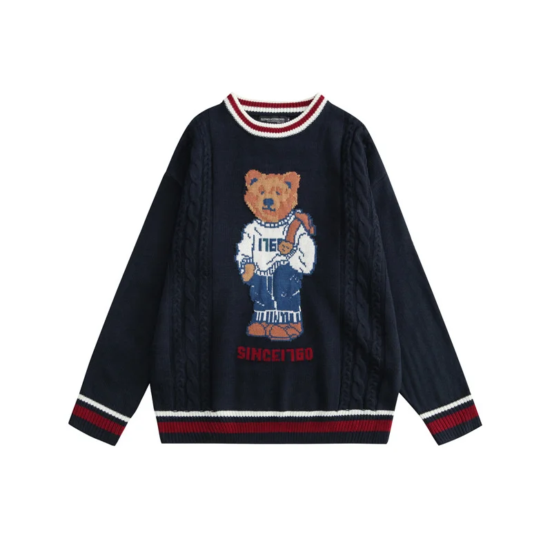 

Couple Fashion Sweater Women Loose Embroidered Bear Jacquard Knitted Long Sleeve Pullover 2021 Autumn Leisure Harajuku Sweater