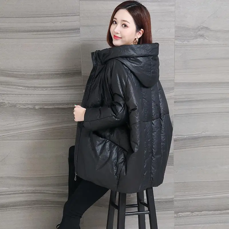 

2021 Spring Winter Woman Loose Solid Parkas Female Fashion Hooded Long Coats Ladies Elegant PU Leather Cotton Jackets 4XL Q253