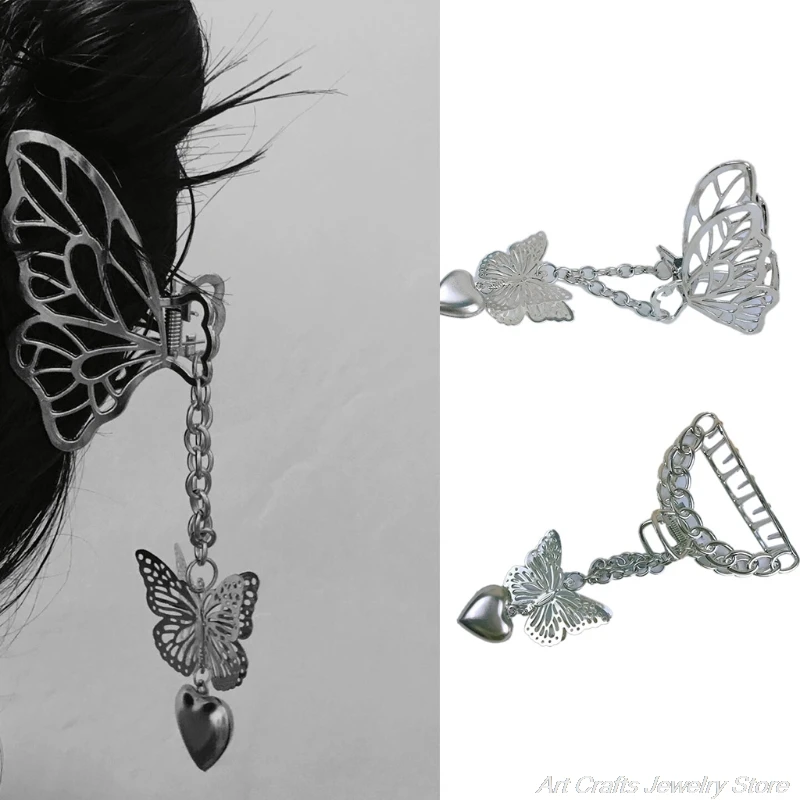 Готические металлические заколки для волос с подвеской в виде бабочки и сердца