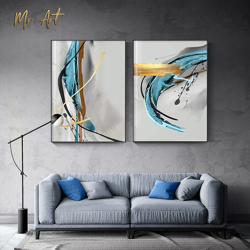 

Abstract Modern Golden Blue Posters and Prints Nordic Color Splash Canvas Art Painting Home Decoration Living Room Wall Pictures
