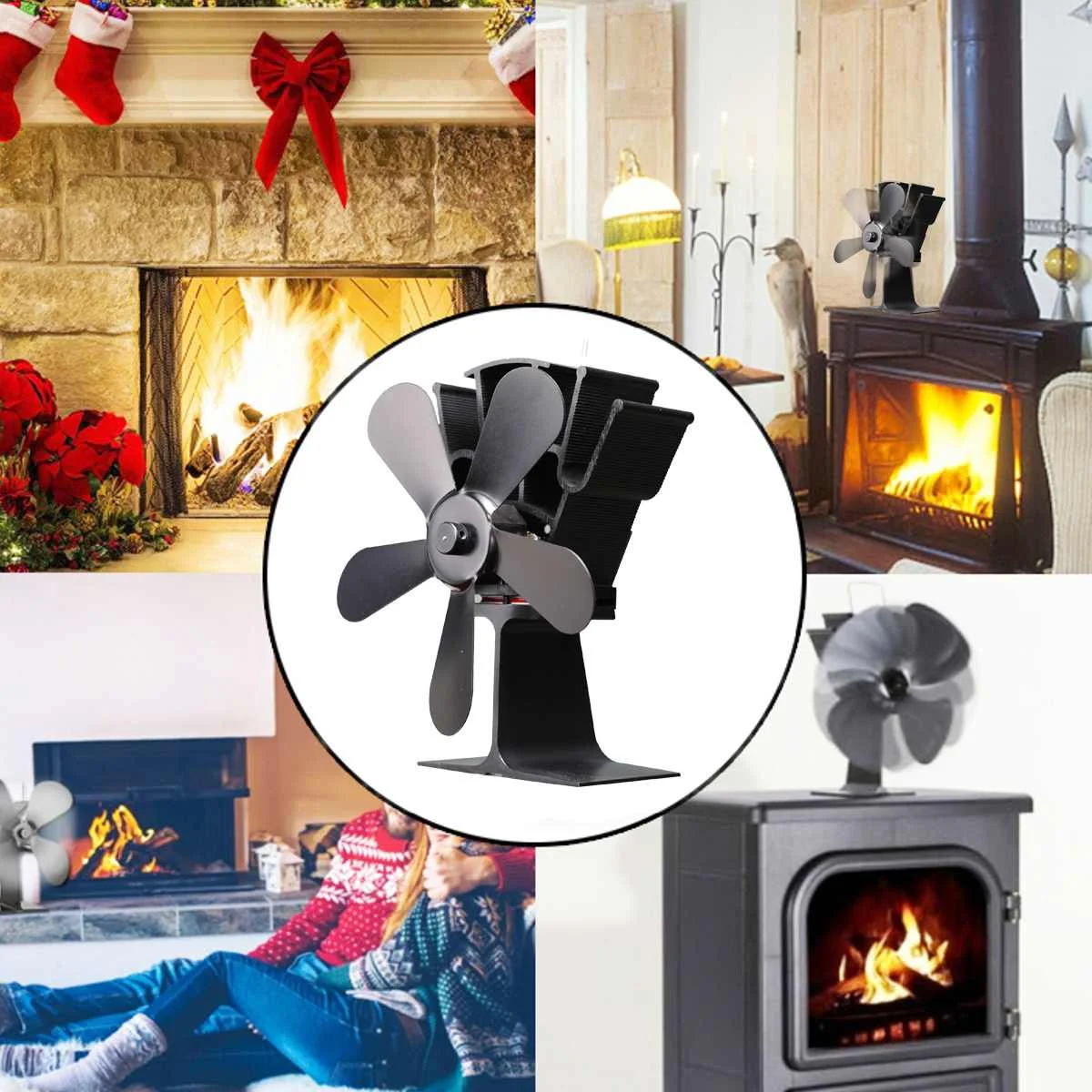 

Black Fireplace 5 Blade Heat Powered Stove Fan Log Wood Burner Eco Friendly Quiet Fan Home Efficient Heat Distribution