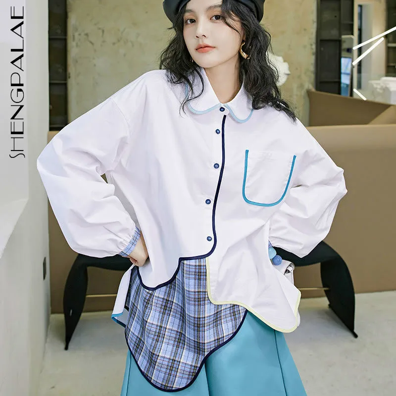 

SHENGPALAE personality Contrast Color blouse women's spring 2021 new lapel single bresated Plaid Patchwork long sleeve shirt