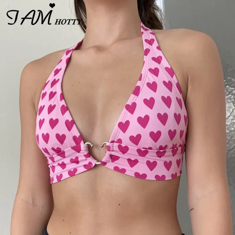 Розовый корсет с принтом в виде сердца металлической пряжкой укороченный топ