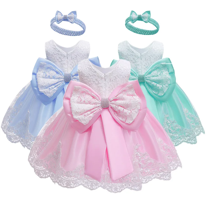 

Baby Dress Bowknot Flower Dresses Lace Pageant Party Wedding Clothes Costume Flower Girl Tutu Gown with Headwear