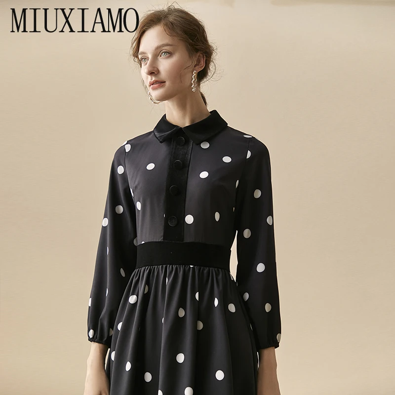 MIUXIMAO осеннее платье, Новое поступление, высокое качество, в горошек, элегантное, до колена, бархатное, черное, Повседневное платье для женщин, Vestidos