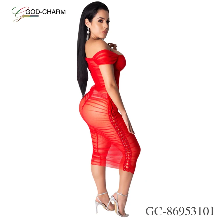 

*S--86953101 2020 new African clothing God-Charm wholesale sexy off-shoulder eyelet see-through mesh dress for nightclub wear