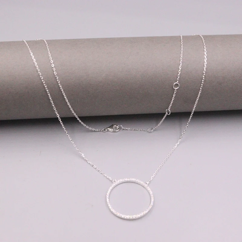 

New Fine Pure S925 Sterling Silver Chain Women O Link 23mm Round Zircon Necklace 18inch