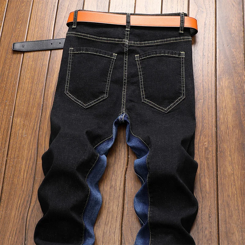 

2021 Men Black blue stitching design Slim Straight Jeans pants Male Streetwear Hip hop solid Jogger Casual denim Trousers