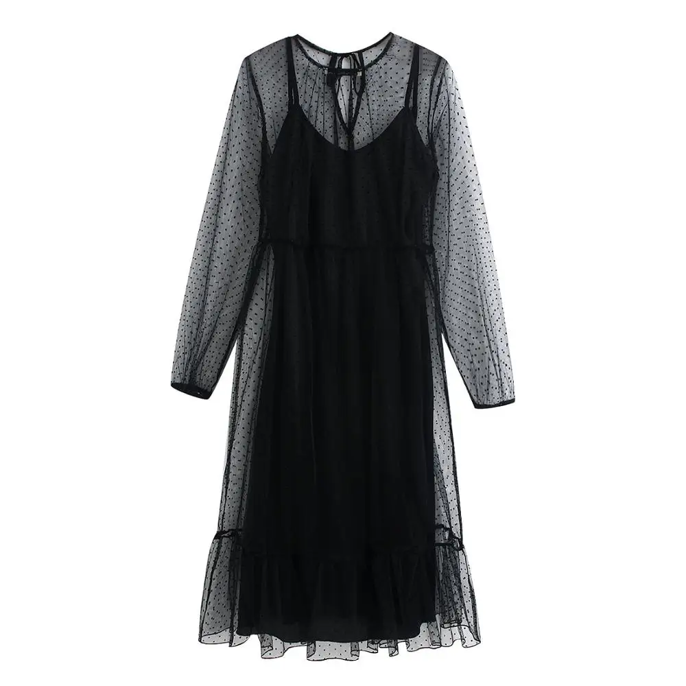 2019 za 2 шт женское модное SEMI SHEER Сетчатое платье в горошек с круглым вырезом Платья