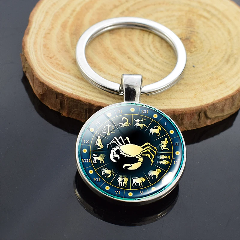 Двусторонний 12 Созвездие Знак зодиака брелок со стеклянным кабошоном для ключей