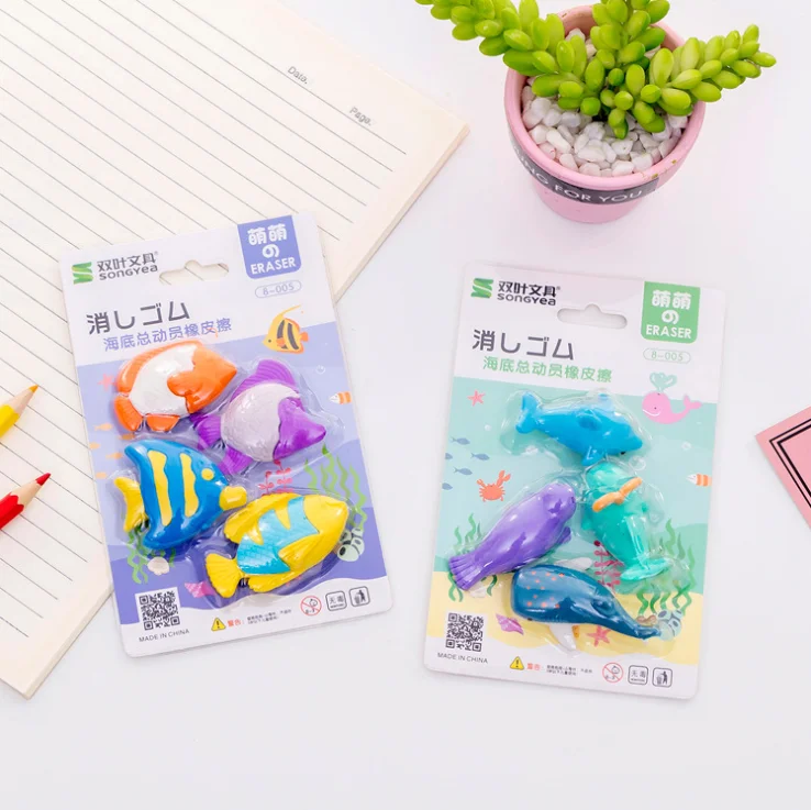 4 шт. Kawaii кит дельфин ластики в форме мультфильм аксессуары карандаш корейские