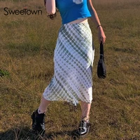 sweetown sweety girls plaid tie dye midi skirt woman preppy style cute kawaii clothes high waist new fashion 90s boho skirts