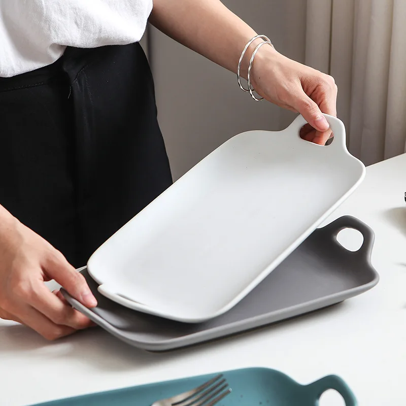 

Ins Nordic ceramic plate Creative two-ear rectangular baking tray Matt rectangular home ceramic steak plate