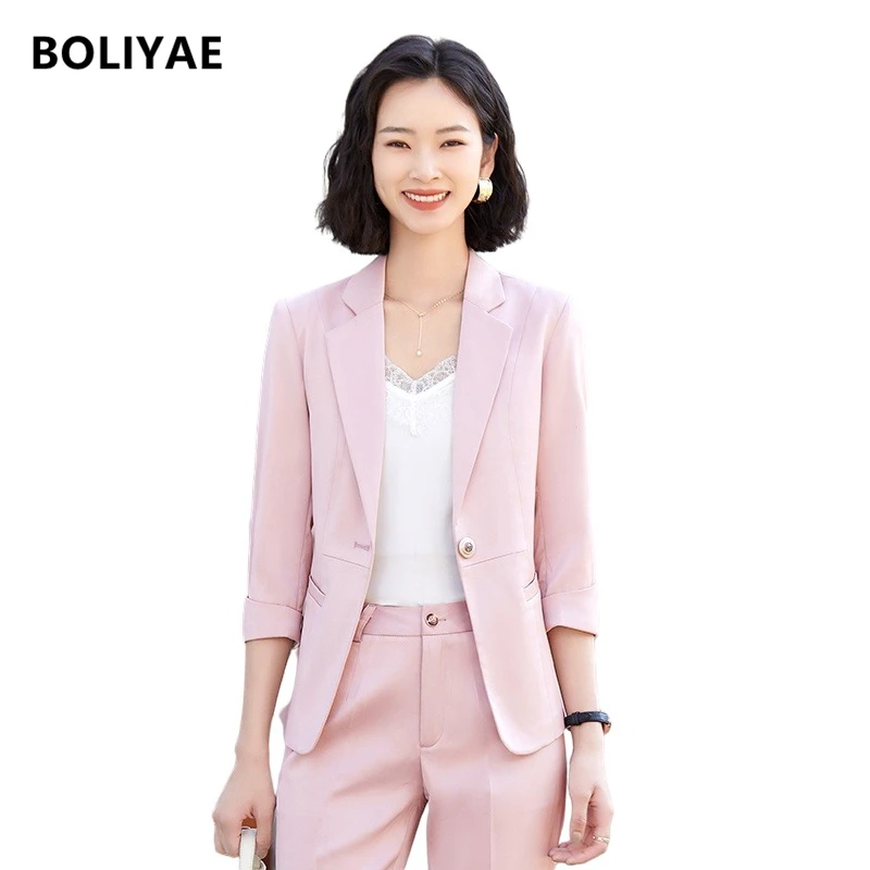 Boliyae Women Blazer and Pants Sets Two Pieces OL 3/4 Sleeve Jacket Formal Trousers Suits 2021 Spring Autumn Office Tops Za Trf