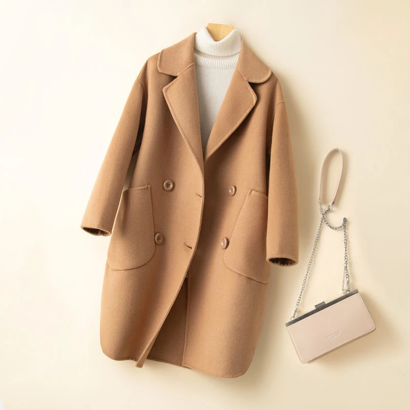 

New Wool Coat Women High-Quality Double-Sided Cashmere Coat 100% Pure Wool Autumn Winter Mid-Long Button Pocket Outwear Female