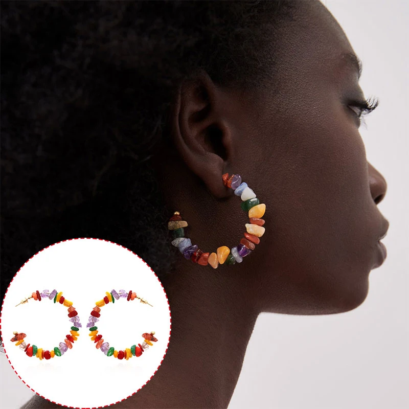 

Fashion Jewelry Unique C-shaped Color Earrings Natural Pebble Geometry Western Style Gravel C-shaped Colorful Gravel Earrings
